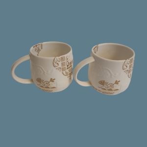 *Set of Starbucks Coffee Mug Tea Cup 2012 Aztec Embossed White Gold